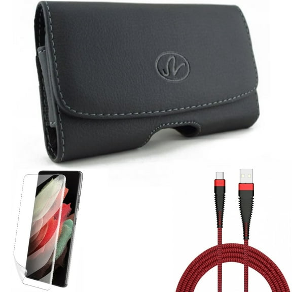 Case Belt Clip w 10ft USB Cable w Matte Screen Protector for Samsung Galaxy S21 Plus - Leather Swivel, Type-C Charger Cord, TPU Film Anti-Glare Accessory Bundle