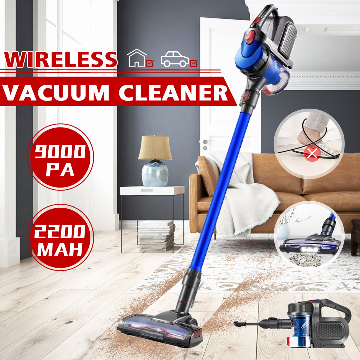[9000Pa 2200MAH] Cordless Vacuum Cleaner] Powerful Suction Bagless Rechargeable 2 in 1 Handheld