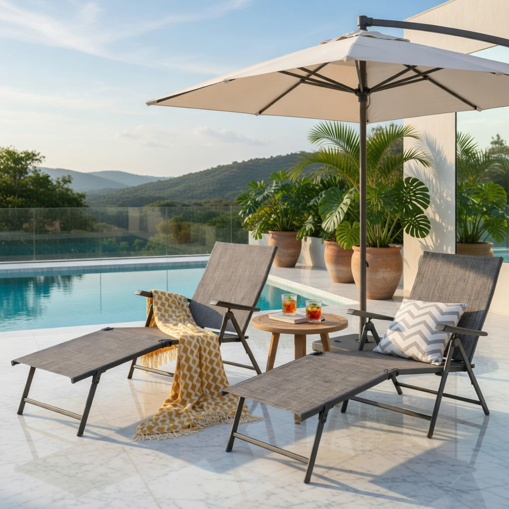 Hommoo 2-Pack Foldable Chaise Lounge Chair with 5-Position Reclining Backrest & 2-Position Adjustable Footrest, Outdoor Patio, Poolside & Garden Use, Gray