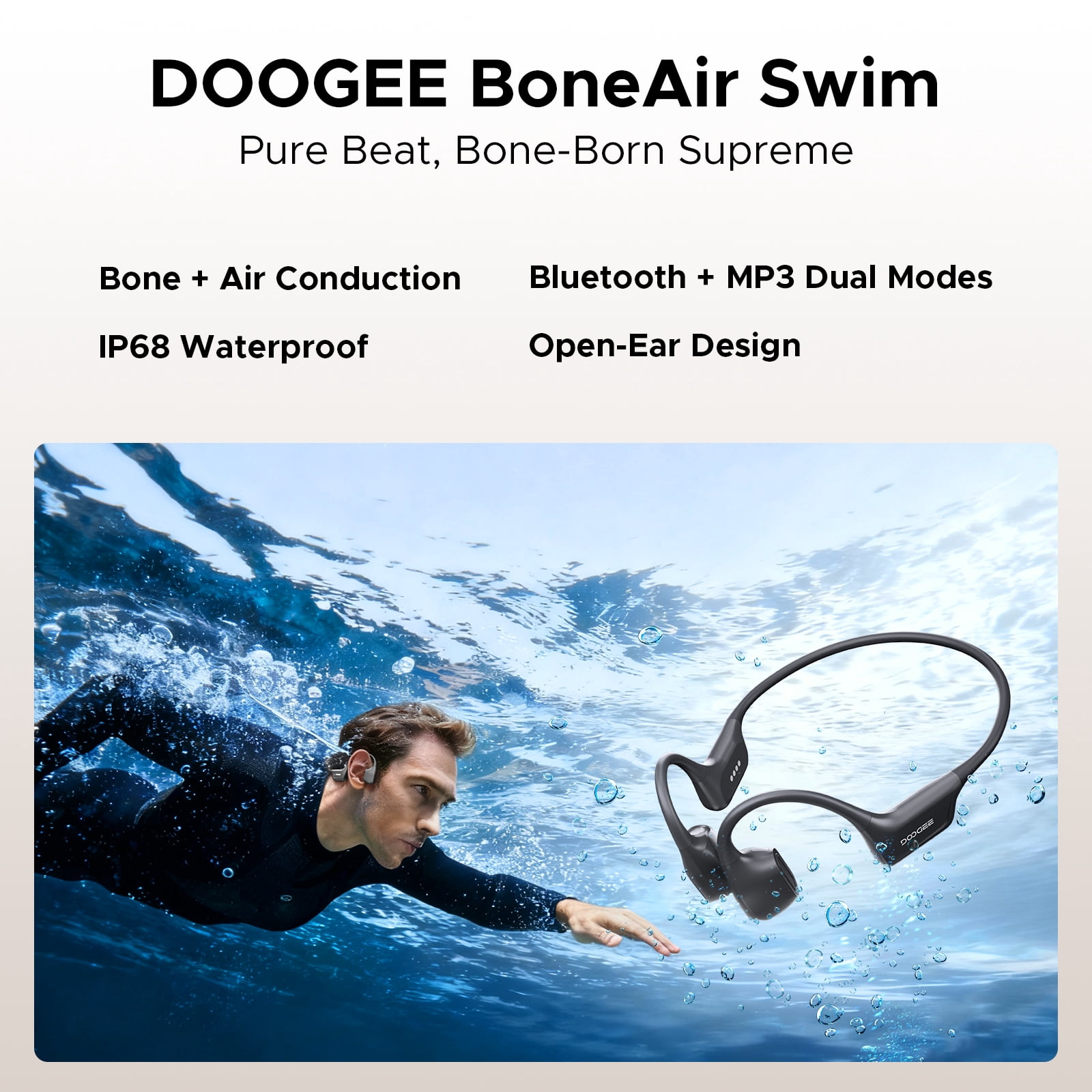 Doogee Bone Conduction Headphone, IP68 Waterproof Swimming Headphones Wireless Bluetooth 5.4, Dual Drivers, Bone Air Conduction, Sport Open-Ear Headphones for Swimming, Running, Cycling