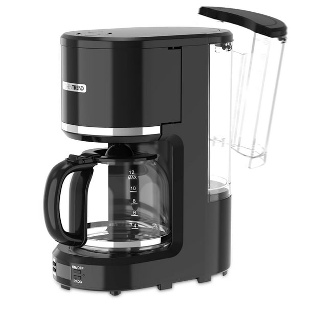 KITCHENTREND Cafetera programable de 12 tazas con filtro permanente, cafetera con depósito de agua extraíble, cafetera por goteo, preparación retardada, temporizador y mantenimiento caliente, cesta de