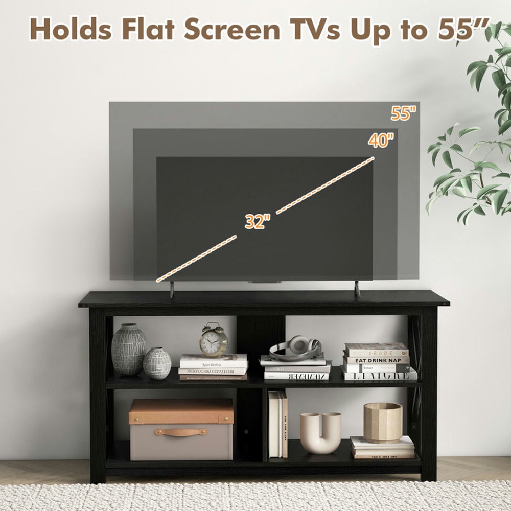 Finihen TV Stand, Entertainment Center, 3 Tier Wood TV Stand for 55-Inch with Open Shelves and X-Shaped Frame, for Living Room, Black