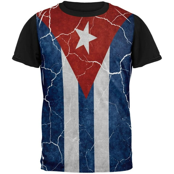 Distressed Cuban Flag All Over Mens Black Back T Shirt Multi SM