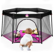 BABYSEATER Portable Playard Play Pen with Carrying Case for Infants and Babies, Pink