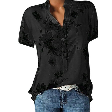 UKAP Womens Shirts Casual Summer Tops Fashion V Neck Short Sleeve Floral Printed Plus Size Button Blouse Loose Shirts