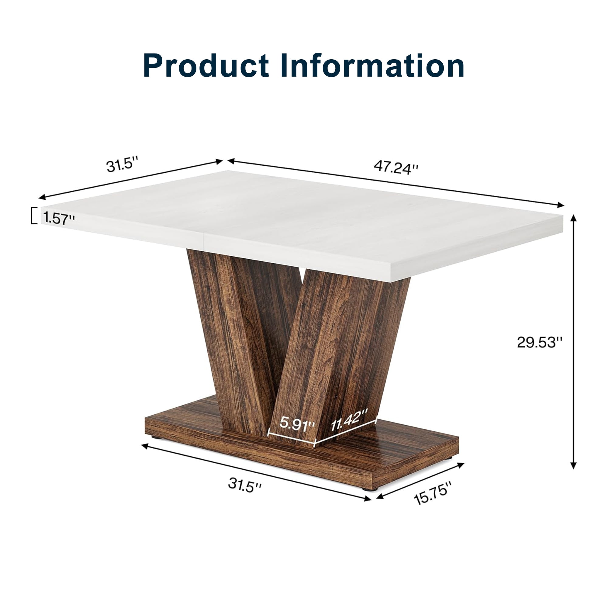 Demi Bonn 47" Farmhouse Dining Table, Wood Rectangular Kitchen Table with Duty Pedestal for Dining Room, Home Office, Living Room Furniture, White & Brown