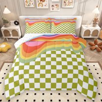 Homewish Dreamy Cartoon Rainbow Bedding Comforter Set, Green Rectangle Abstract Plaid Twin Comforter Sets, Teens Kids Boys Girls Reversible Bedding Set, Ultra Soft Bedroom Decor, 2-Piece