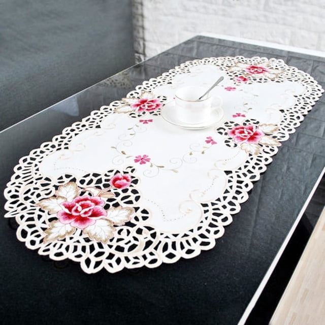 KDJ Oval Floral Embroidered Lace Tablecloth Elegant Table Mat Decor Satin Fabric Reusable Stain Resistant Washable for Wedding Party Home 40x85cm/16x33 inch