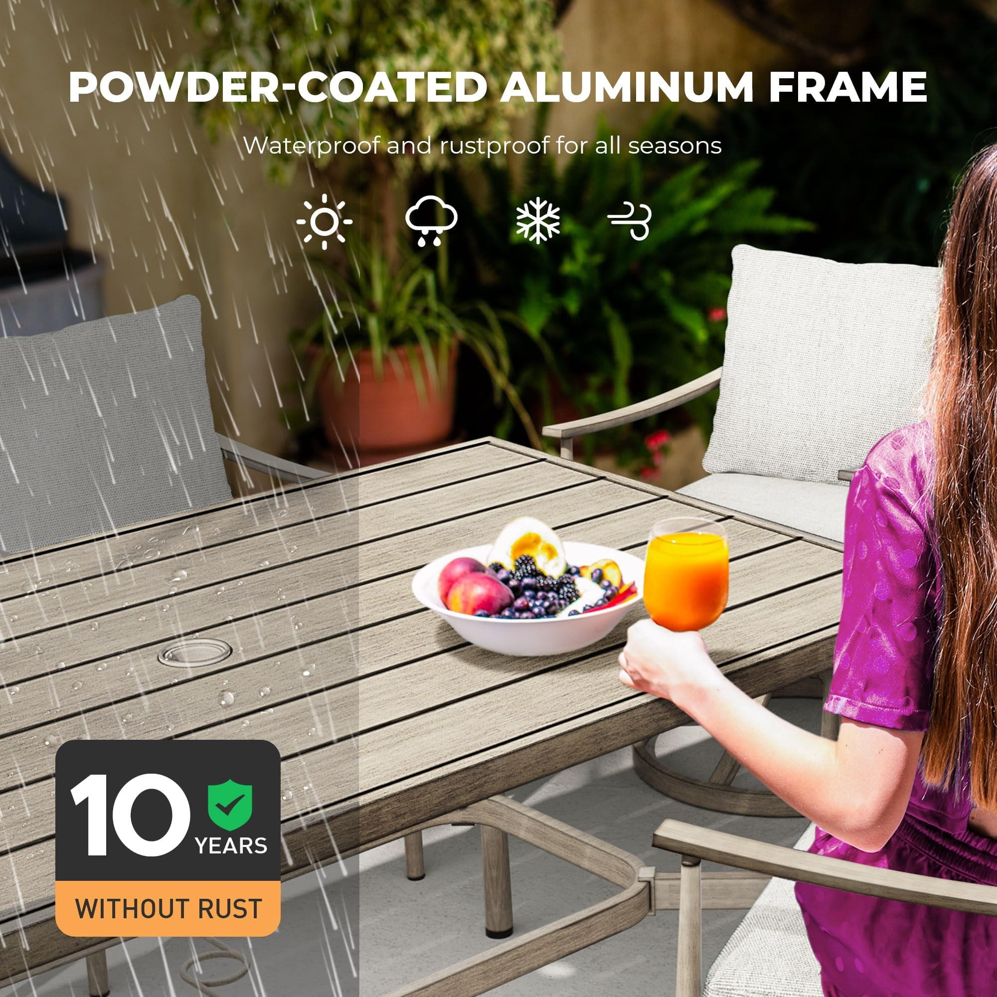 Patio Dining Table for 6, 60 Inch Outdoor Aluminum Table with Umbrella Hole, All Weather Rectangle Patio Table for Backyard Garden Deck Poolside, Dark Gray