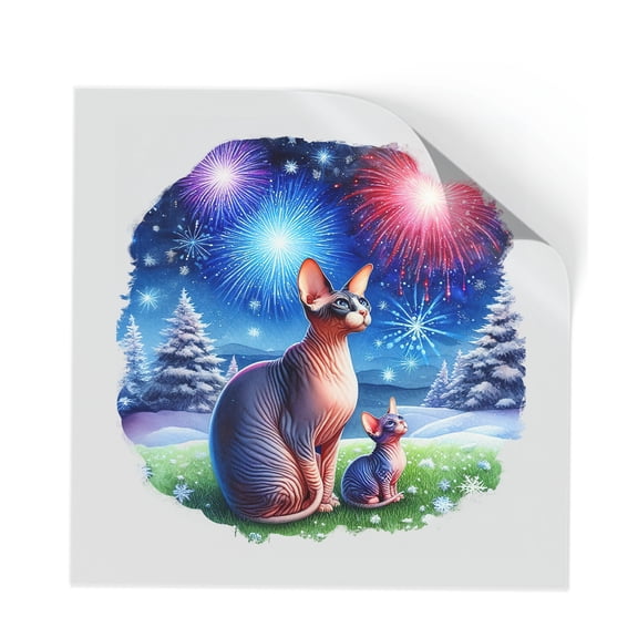 Happy New Year Sphynx Family Cheer Winter Midnight Firework Cutout Transfer Sticker Cat Lover Kitten Owner Gifts Idea Transparent Decal Art Decor - 02025