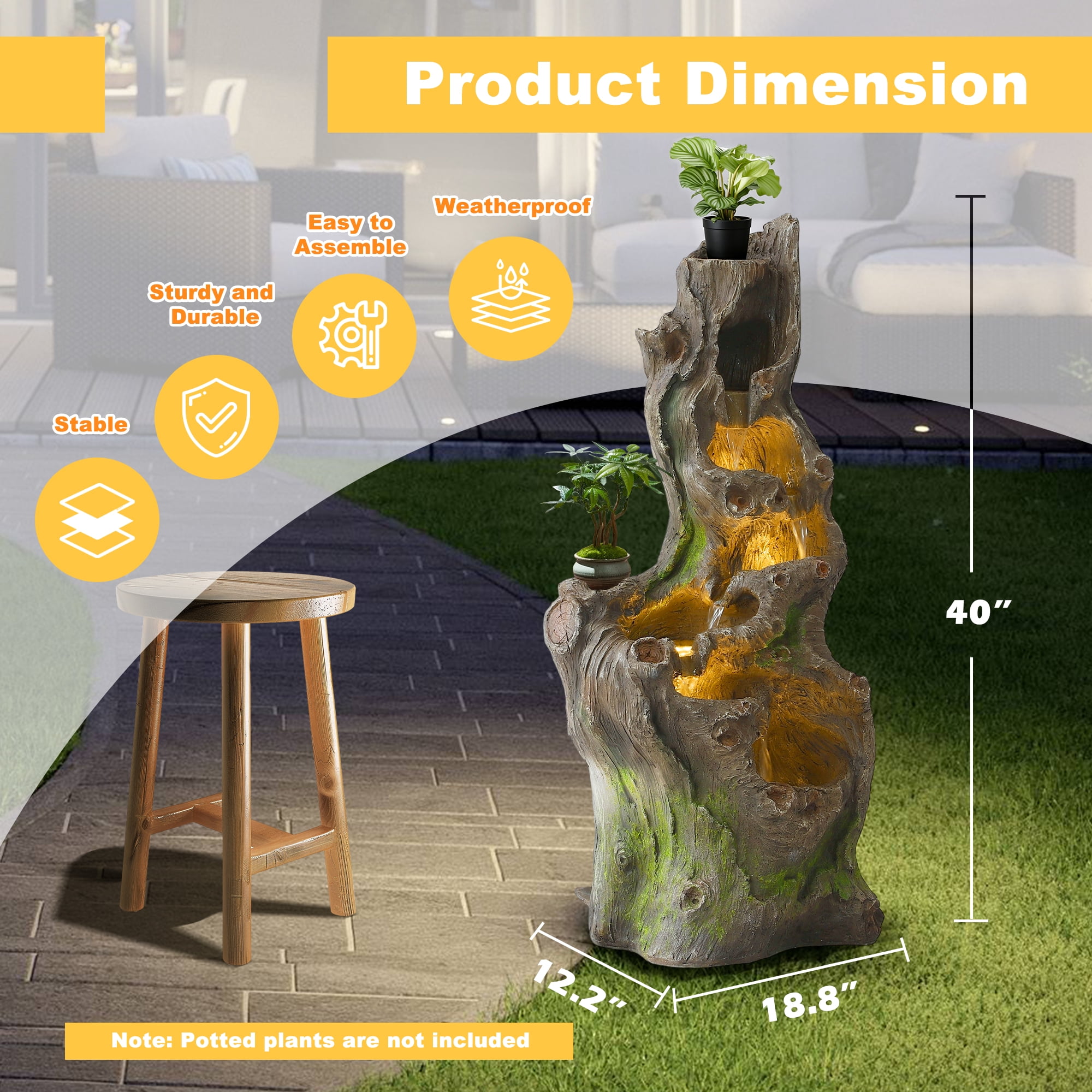 Magic Union 40" Outdoor Water Fountain, 6 Tiers Cascading Realistic Tree Trunk Waterfall Fountain with LED Lights, Freestanding Fountain Resin Imitation Wood for Garden Patio Balcony Yard