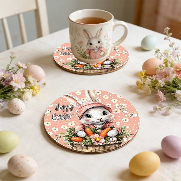 CaiYueKe Easter Bunny Wooden Coasters Heat Resistant Cup Mats for Dining Table Kitchen Decor Insulating Drinkware Protectors Cute Spring Home Decorations