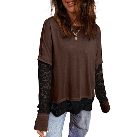 Women's Dark Brown Sheer Lace Patchwork Casual Long Sleeve Tee, XL