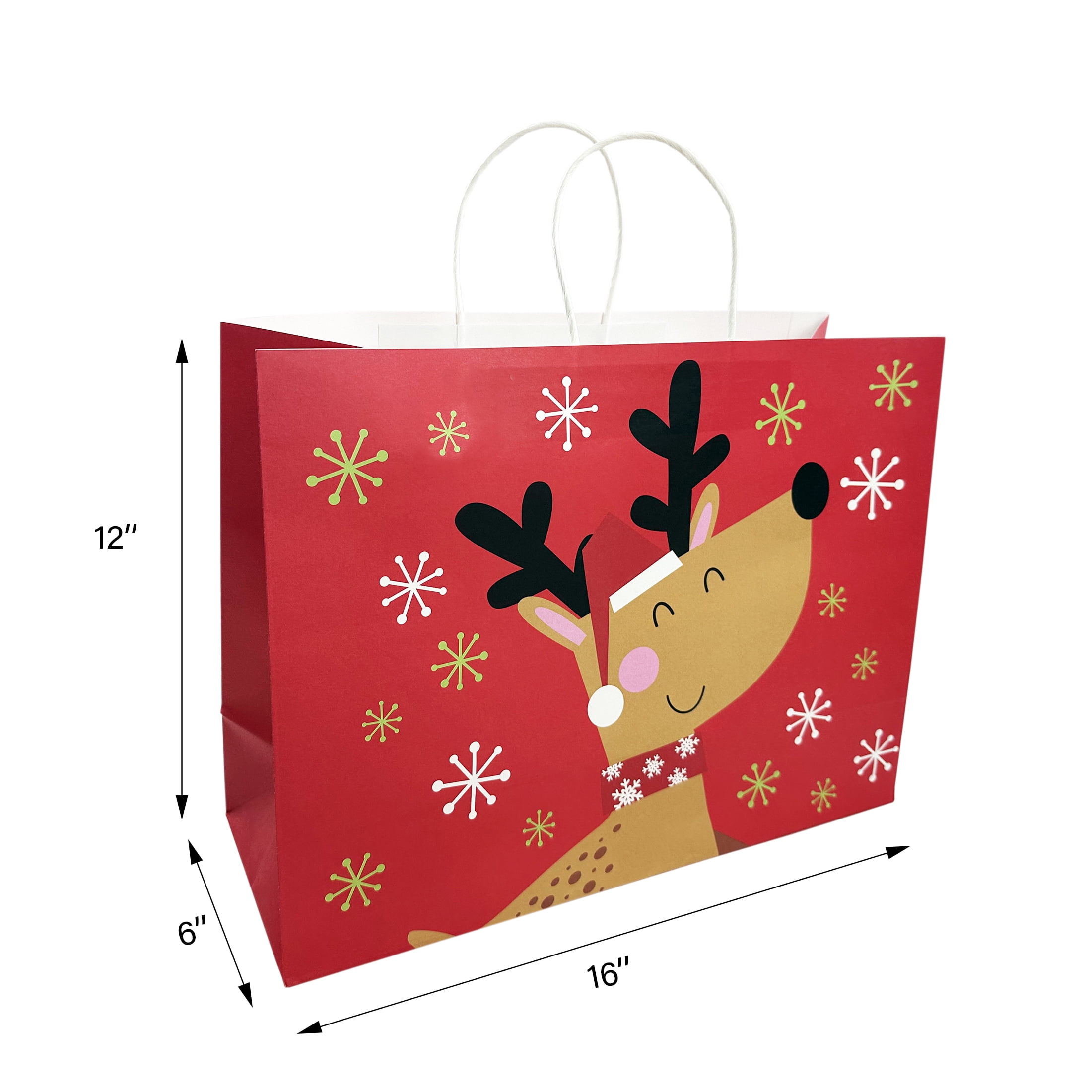 Holiday Time Christmas Gift Paper Bag, XLarge, Santa, Reindeer, Snowflake, Hohoho, 16x6x12in