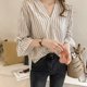 thumbnail image 5 of Camisa a rayas Blusa con cuello en V de verano Mujer Top casual con manga trompeta, Negro, XL Scienceny AP001548-09B, 5 of 7