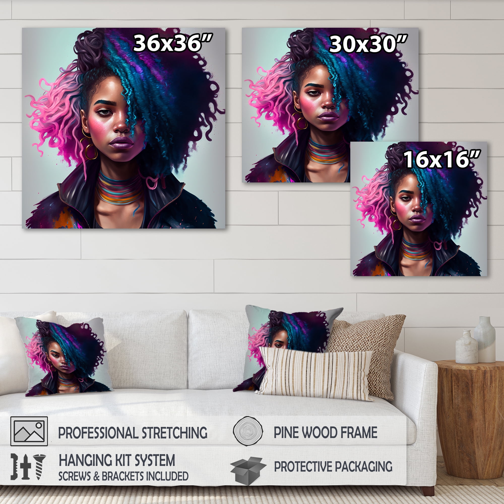 Designart Fashion Hip Hop Girl In Pink And Blue I Canvas Wall Art