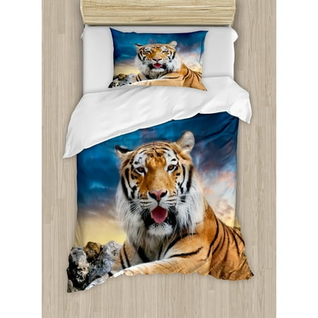 Tiger Duvet Cover Set, Calm Siberian Large Cat with Beautiful Sunset Resting on a Boulder Relaxed Beast, Decorative Bedding Set with Pillow Shams, Multicolor, by