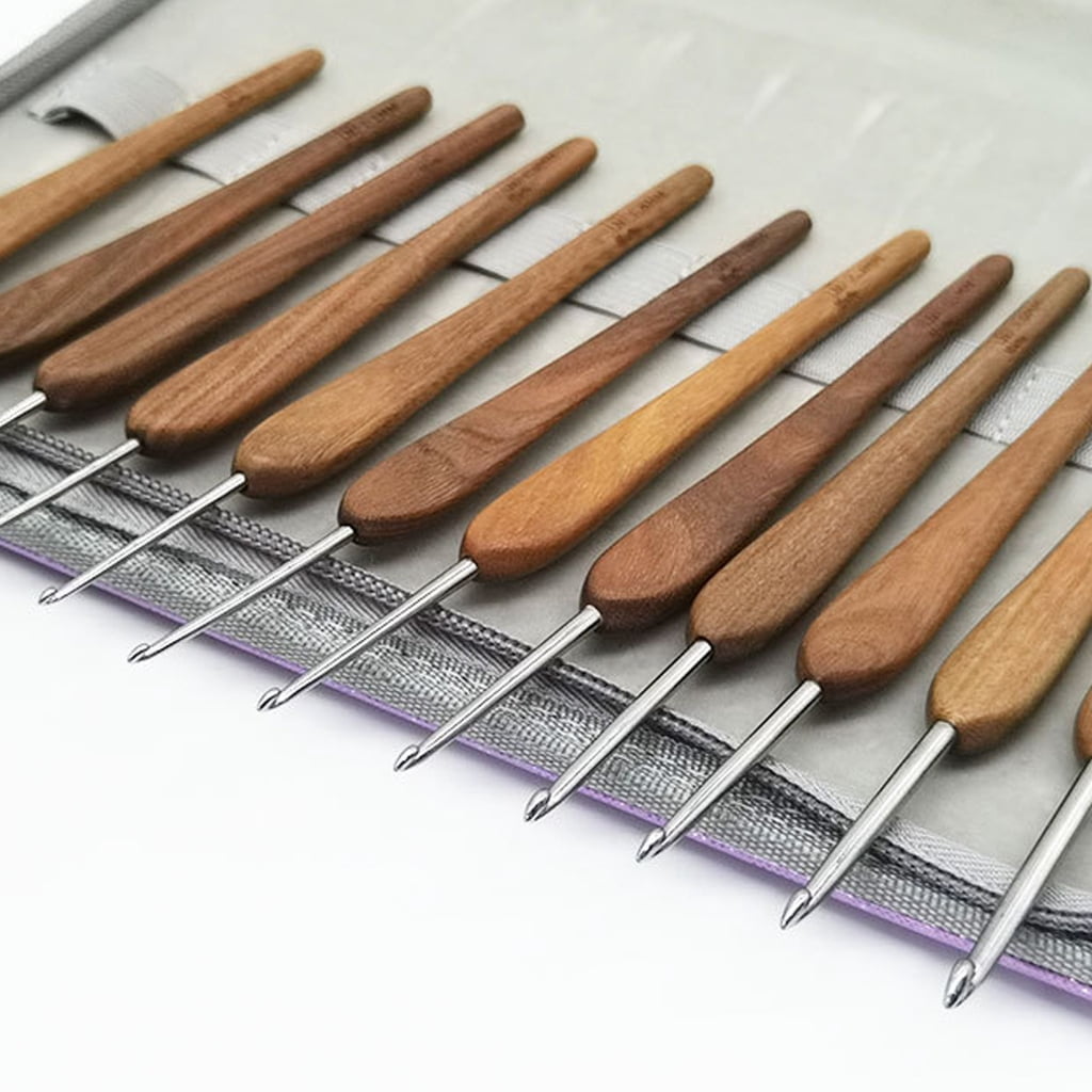 12Pcs Wood Handle Crochet Hook 0.9mm-4.0mm Ergonomic Grip for Beginner Knitting
