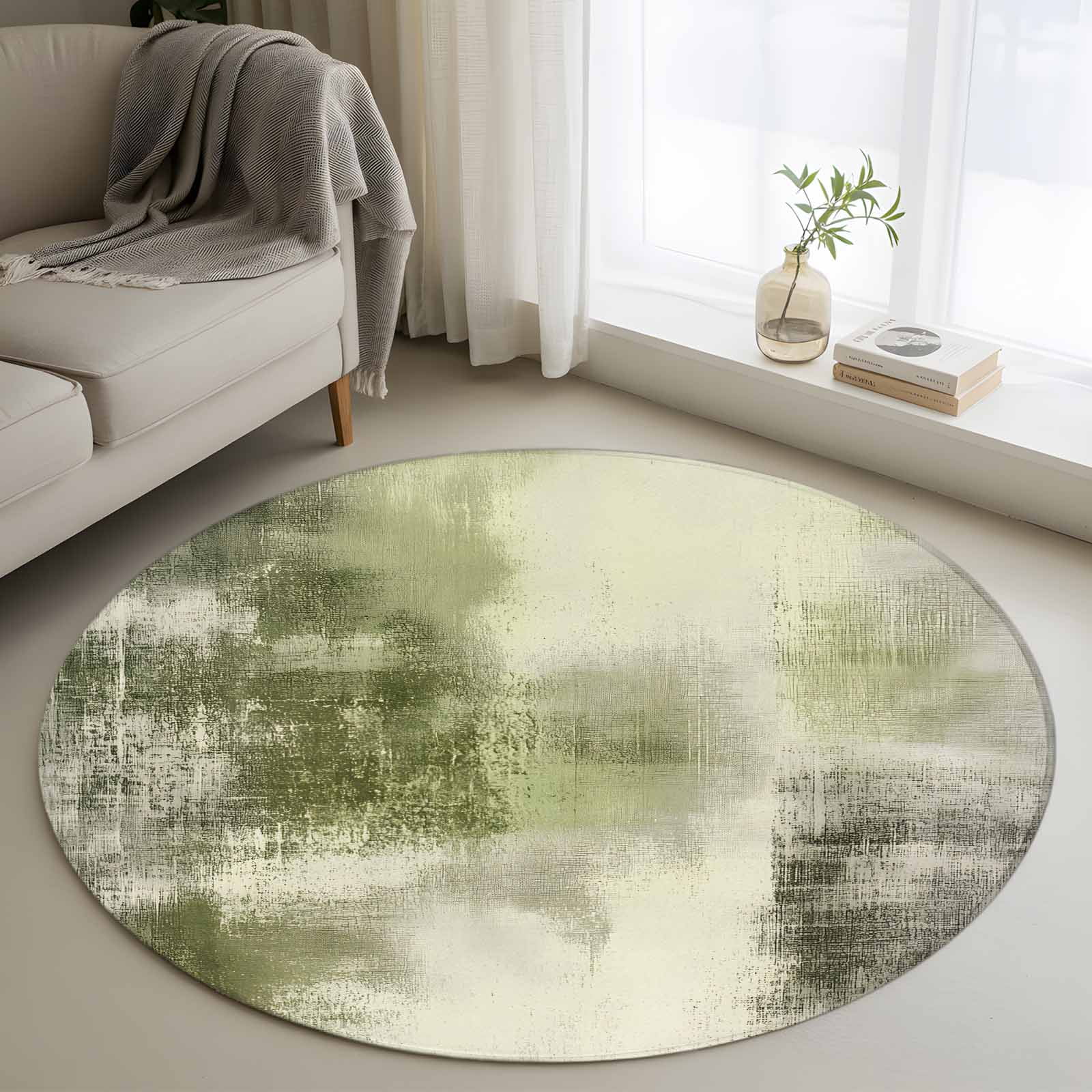 Abstract Art Round Rugs for Living Room 4ft Sage Green Retro Oil Painting Texture Non Slip Circle Rug Washable Low-Profile Indoor Carpet for Bedroom Dining Room Bathroom