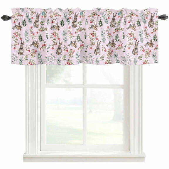 Pink Bunny Floral Easter Rod Pocket Curtain Valance, Elegant Pastoral Spring Floral Rabbits Farmhouse Window Valance for Living Room, Bedroom, Kitchen 54"W x 18"L