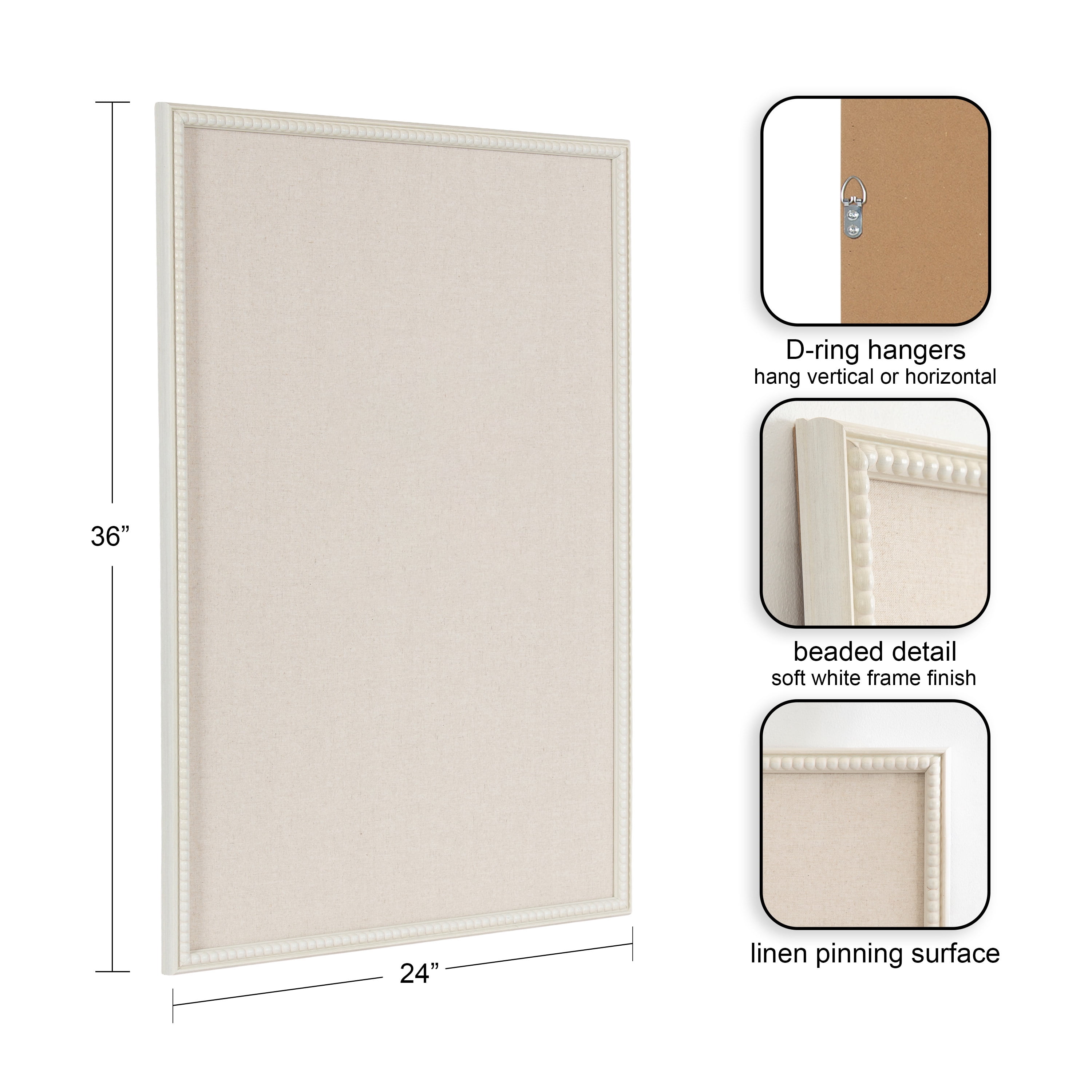 Kate and Laurel Makenna Rectangle Framed Linen Fabric Pinboard, 24 x 36, Soft White, Traditional Beaded Bulletin Board for Vintage Home Wall Organization or Aspirational Vision Board