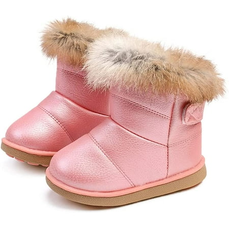 

QWZNDZGR Toddler Girls Boys Outdoor Waterproof Fur Lined Snow Boots PU Leather Warm Winter Slip Resistant Cold Weather Flat Booties Kids Shoes