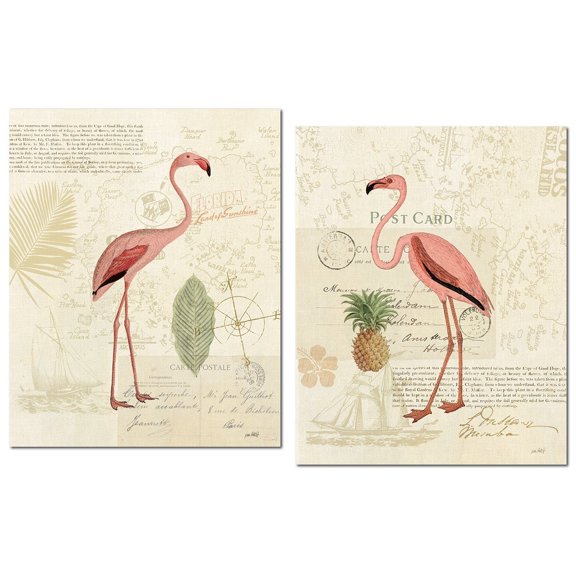 Tropical Florida Pink Flamingo and Pineapple Set by Katie Pertiet; Two 11x14in Poster Prints. Pink/Green/Tan