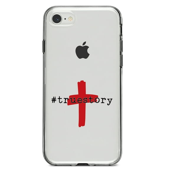 DistinctInk Clear Shockproof Hybrid Case for iPhone 7 8 SE (2020 Model) 4.7" Screen TPU Bumper Acrylic Back Tempered Glass Screen Protector - #truestory - Cross - Christian - Red