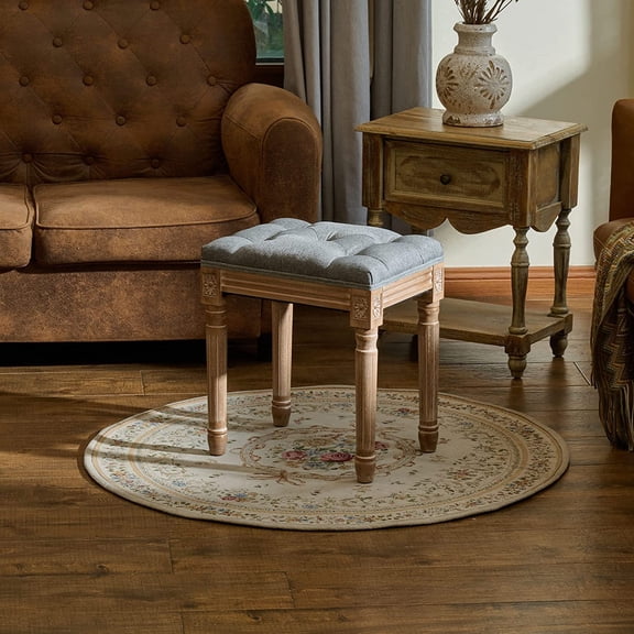 French Vintage Foot Stool with Rustic Wood  and Padded , 18.5" High Memory Foam Upholstered Vanity Stool and Entryway ,Tufted Fabric Ottoman Stool for Bedroom Living Room, Gray