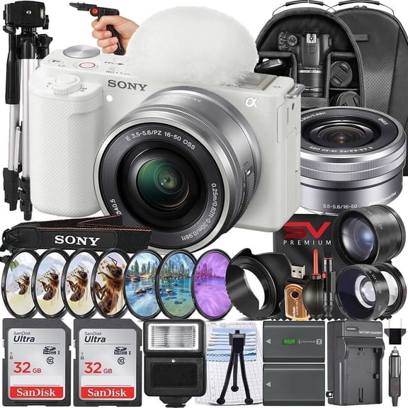 Sony ZV-E10 II Mirrorless Camera (White) with 16-50mm Lens   2 Pack 32GB Memory Card   Backpack   Filter Kit   Full Size Tripod   SV Premium Accessory Bundle