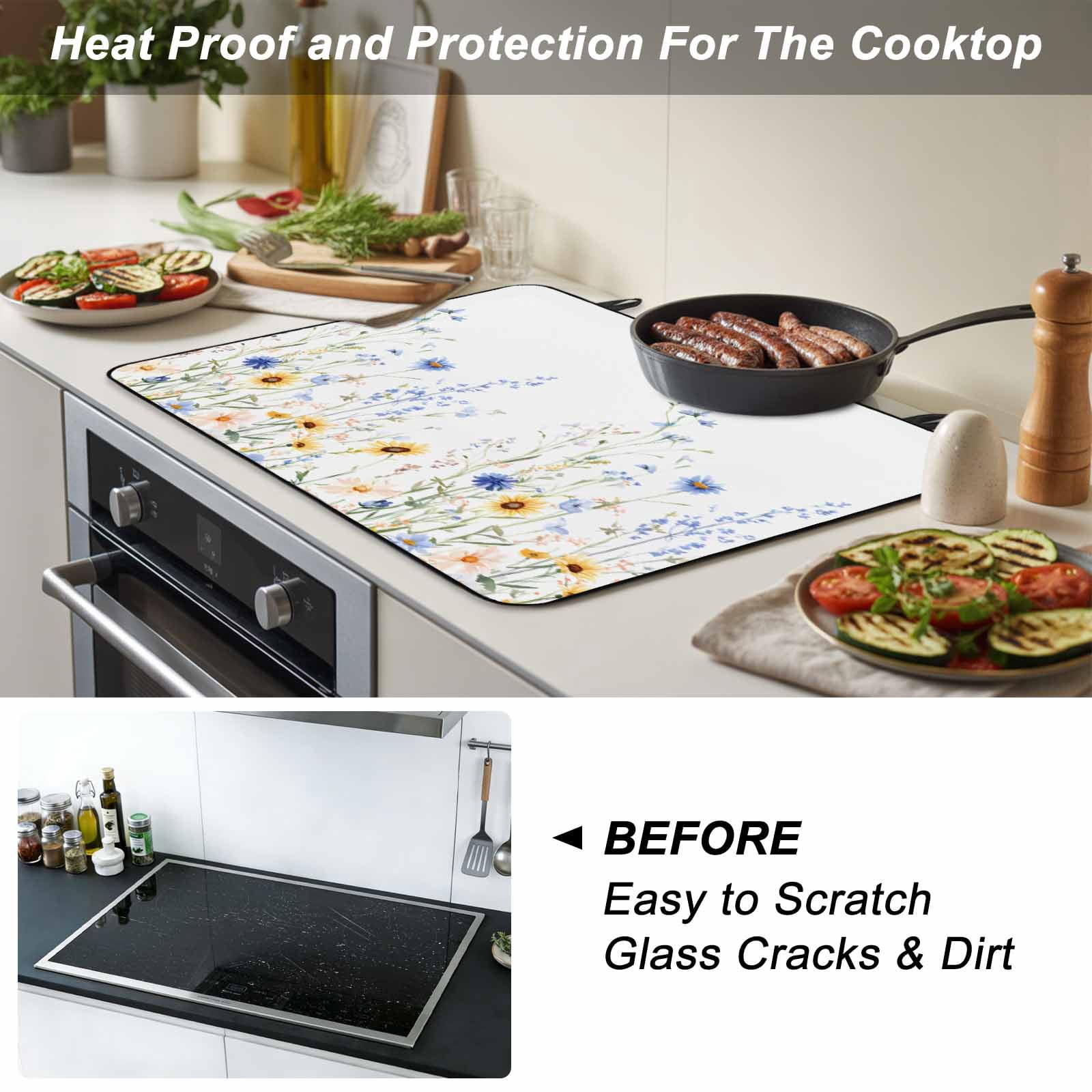 Pastoral Sunflower Stove Top Cover for Electric Stove, Heat-proof & Non Slip Glass Top Stove Cover Protector, Spring Floral Summer Botanical Kitchen Flat Cooktop Rubber Mat 24x21 Inches