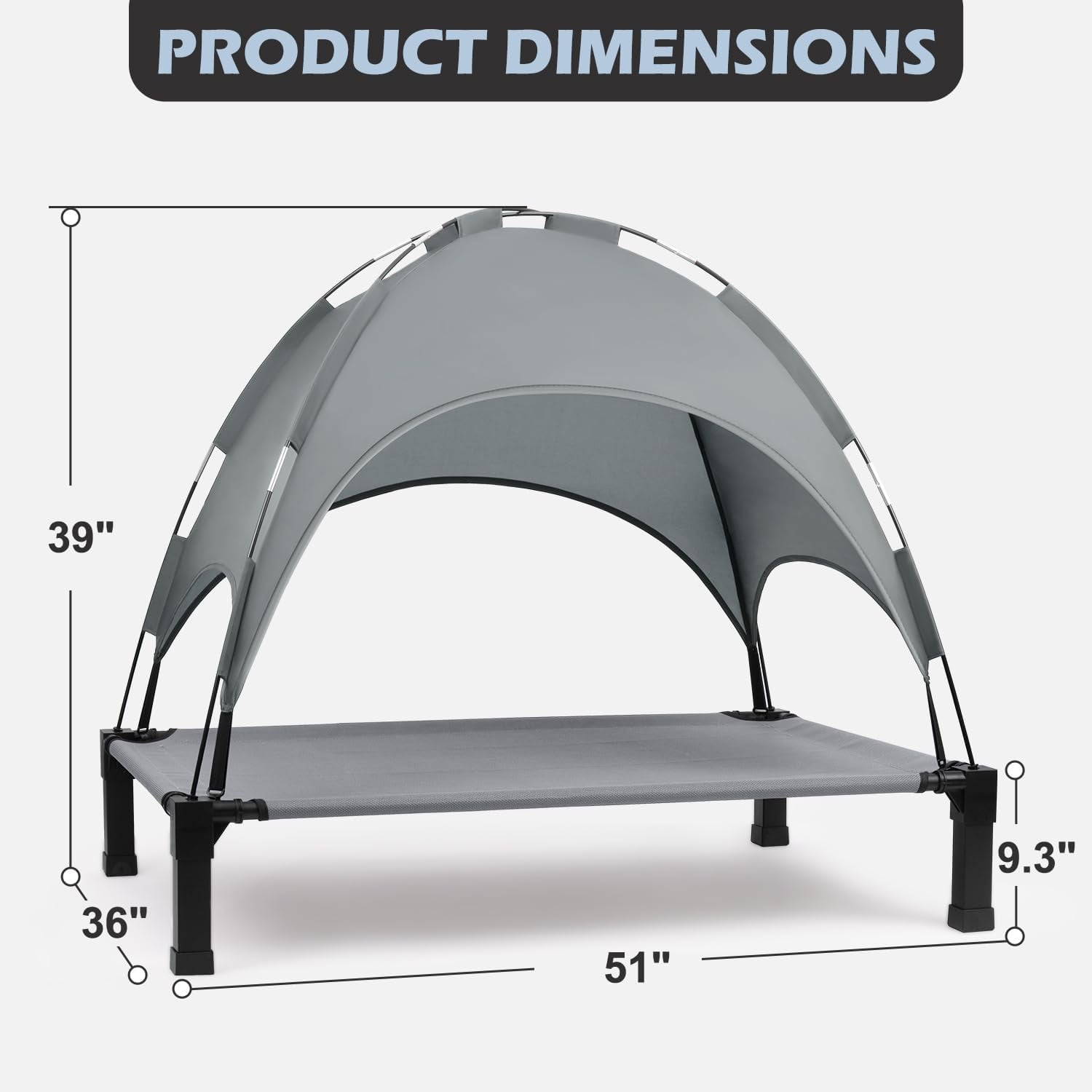 Elevated Dog Bed with Canopy, Outdoor Dog Bed Cot with Removable Shade Tent, Portable Raised Pet Cot Cooling Bed for Dogs and Cats, Grey, 51" x 36"