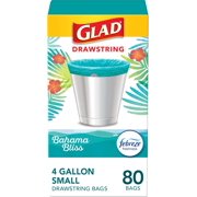 Glad Odorshield Small Drawstring Trash Bags, 4 Gal, Febreze Bahama Bliss, 80 Ct, Pack May Vary ( Pack of 2 )
