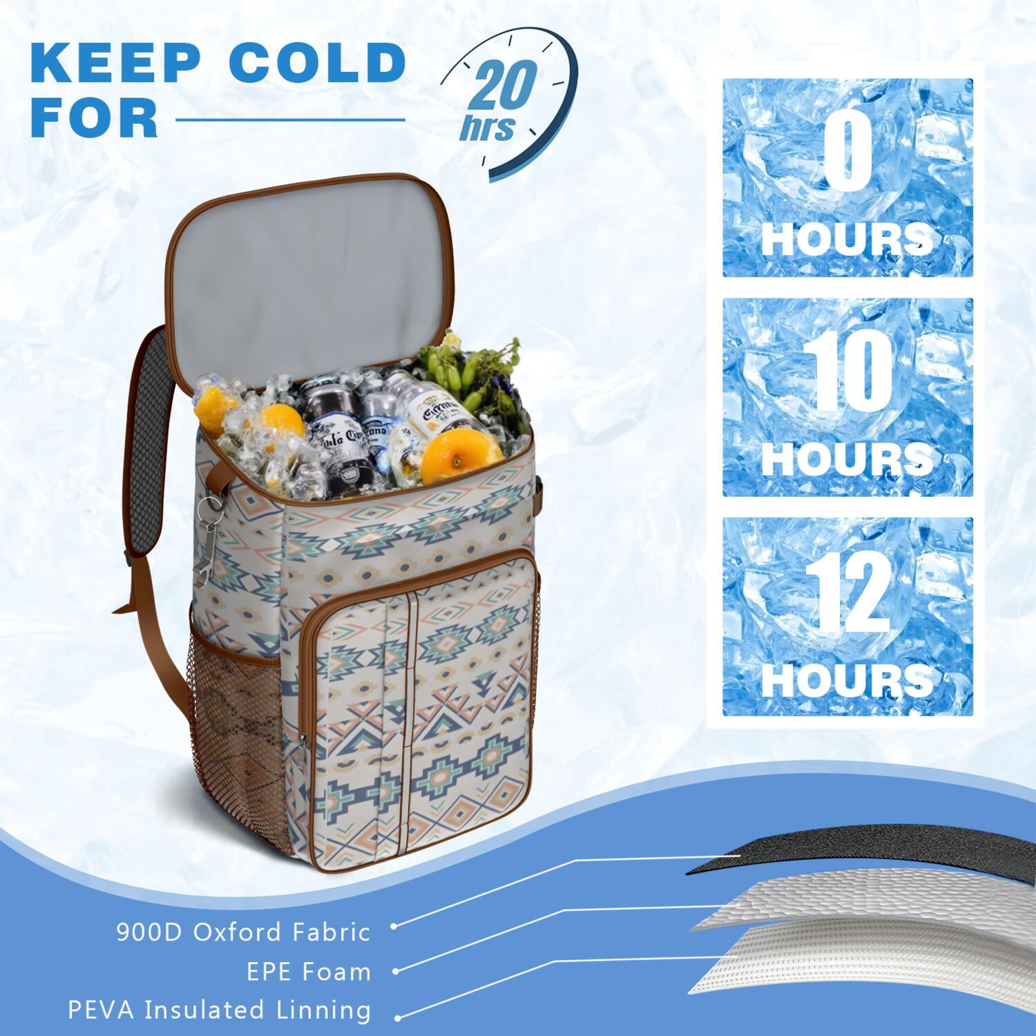 Travel Cooler Bag - Boho Bohemia Pioneer Flower Geometric Line Art Camping Beer Cooler Backpack with Bottle Opener- Waterproof Insulated Picnic Backpacks - Cooler Bag for Beach
