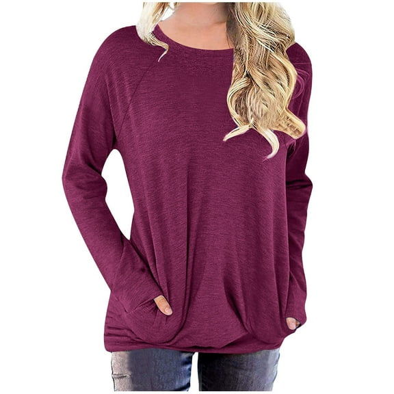 Diufon Fall Tops for Women Round Neck Long Sleeve Blouses Casual Solid Color Tunics with Pockets