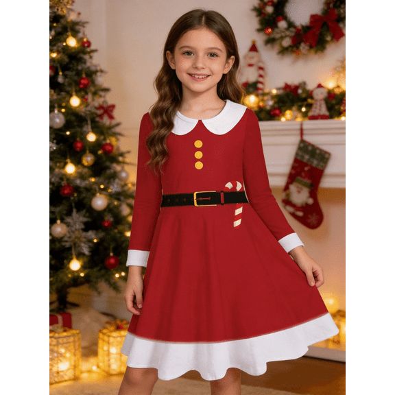 4- 12Y Girls Christmas Long Sleeve Twirly Dresses Little Girls Casual Party Dress Holiday Xmas Floral Pleated Midi Dresses