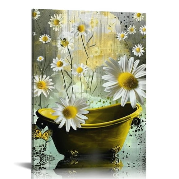 Acheng Yellow Floral Wall Art Country Daisy Flower and Butterfly Framed Wall Art Grey and White Abstract Geometric Canvas Art Wall Decor for Bathroom Living Room Bedroom Decor 12x16 in