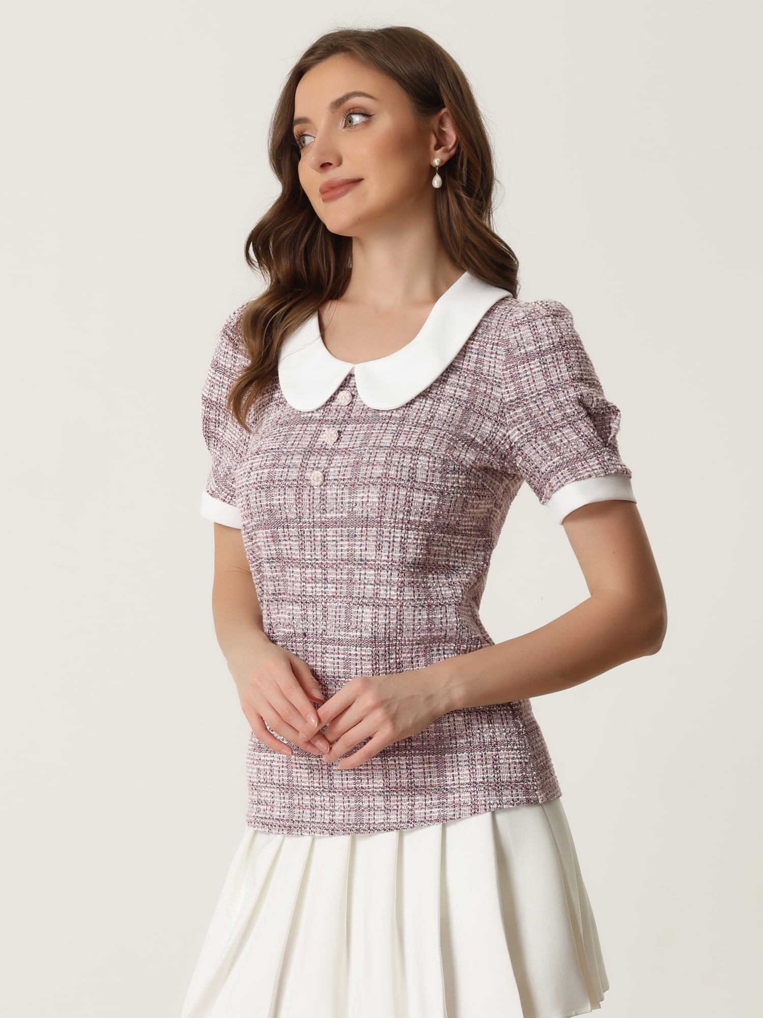 DARING DIVA Women's Peter Pan Collar Blouse Button Top Shirt XL Pink Grey