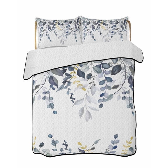 Quilts Twin XL Size, Teal Gray Eucalyptus Leaves Soft Comforter Bedding Set for Bed, Farmhouse Botanical Watercolor Lightweight Quilted Bedspread with Pillow Cover(2 Pieces), 68x98 Inch