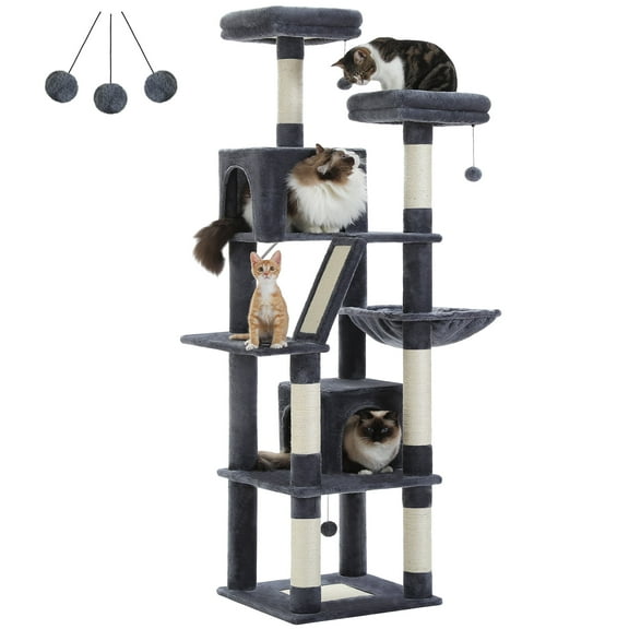 PEQULTI 71 " Large Cat Tree Tower for Cat with Dual Condos and 6 Scratching Posts Indoor Dark Gray