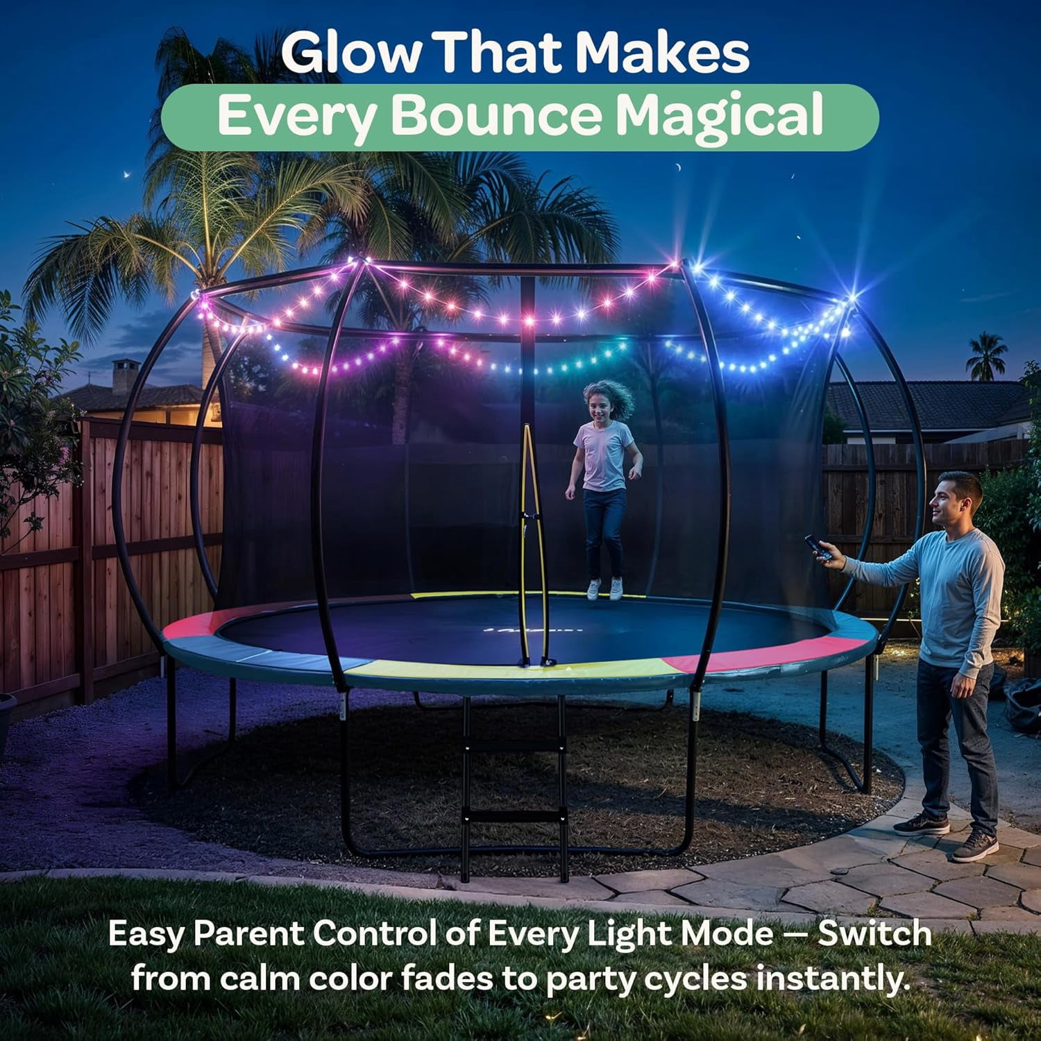 JoyBerri Rebounder Trampoline for Adults and Kids – Outdoor Recreational Trampoline with Safety Enclosure Net, Ladder, LED Lights & Sprinkler – ASTM Certified Family Fun Trampoline - Colorful