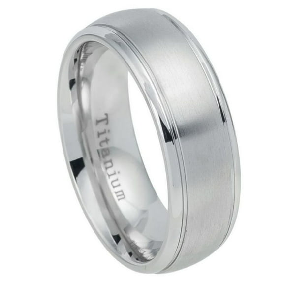 Custom Personalized Engraving Wedding Band Ring Set for Him & Her Titanium Band 8mm White IP Plated Titanium Ring Domed Brushed Center Stepped Edge