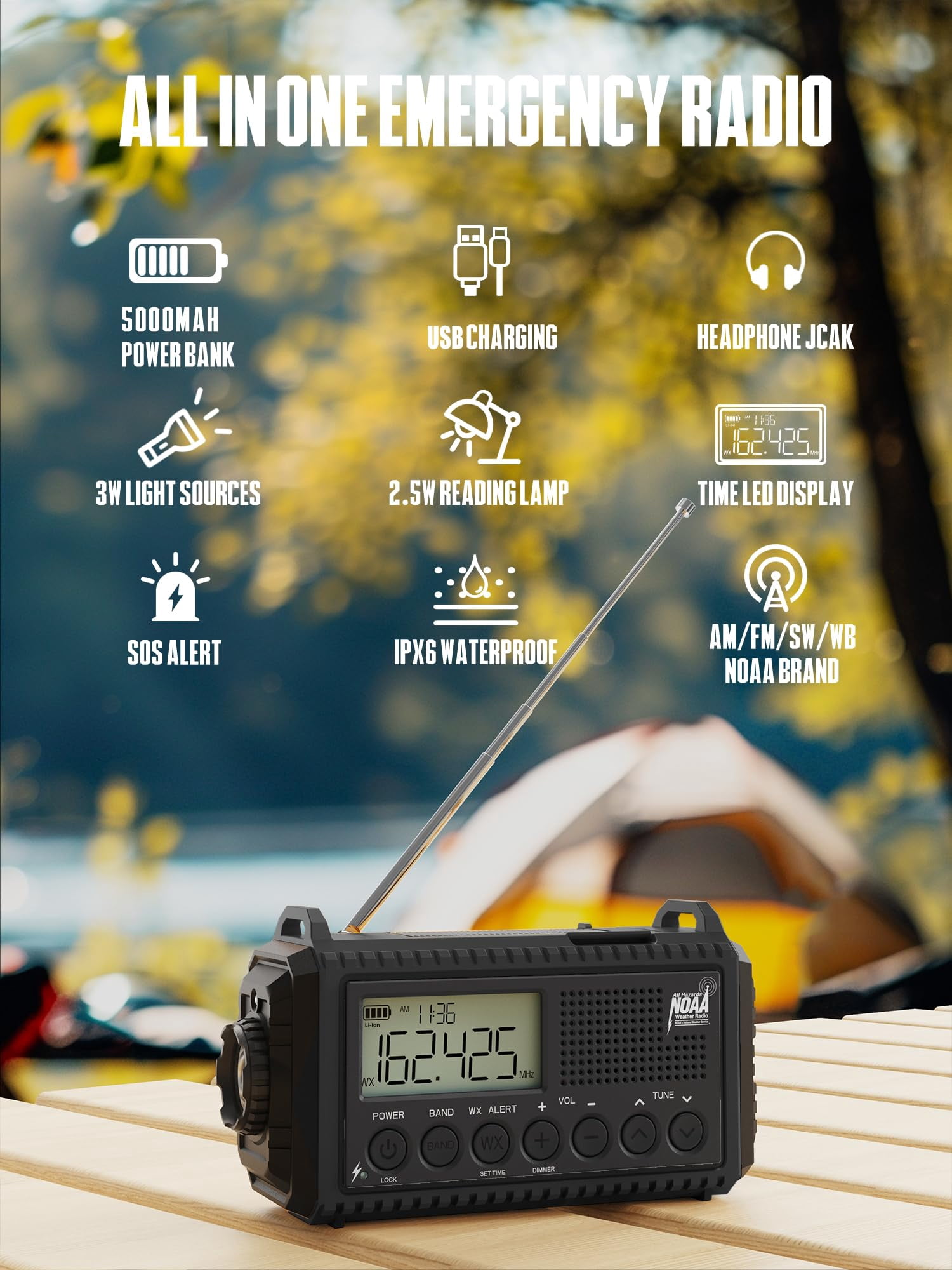 5000 Hand Crank Emergency Radio  Noaa Weather With Backlit Lcd Screen 5 Way Am/fm/shortwave &solar Rechargeable Flashlight & Reading Light Sos Alarm Cell Phone