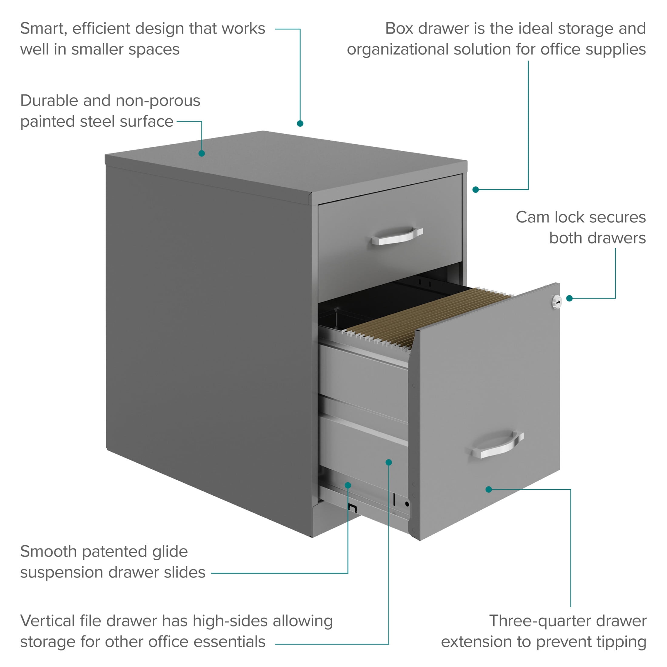 Space Solutions 18" Deep 2 Drawer Letter Width Vertical File Cabinet with Accessory Drawer, Silver