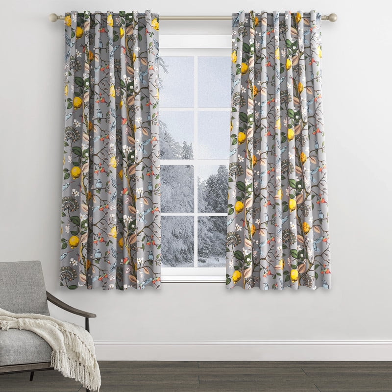 Topfinel Fancy Hummingbird Patterned Curtain,Grey Curtains for Living Room, Thermal Insulated Blackout Curtains for Bedroom, Floral Vintage Lemon Curtains 72 inch Length 2 Panels Set