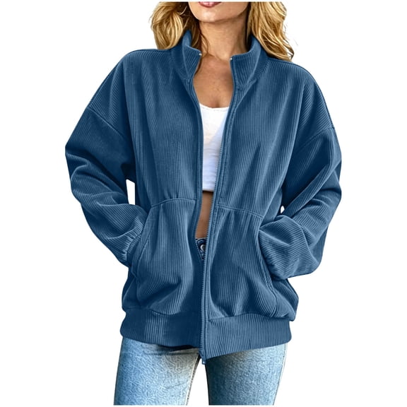 BVnarty Women's Corduroy Stand Collar Full Zip Long Sleeve Loose Jacket with Kangaroo Pockets for Fall Winter Casual Daily Wear Blue L