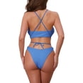 thumbnail image 3 of INSPIRE CHIC Conjuntos de Bikini de Punto Acanalado para Mujeres con Lazo Cruzado 2 Piezas Top Estrapado Parte Inferior Triangular Trajes de Baño Talla X-Large Azul, 3 of 5