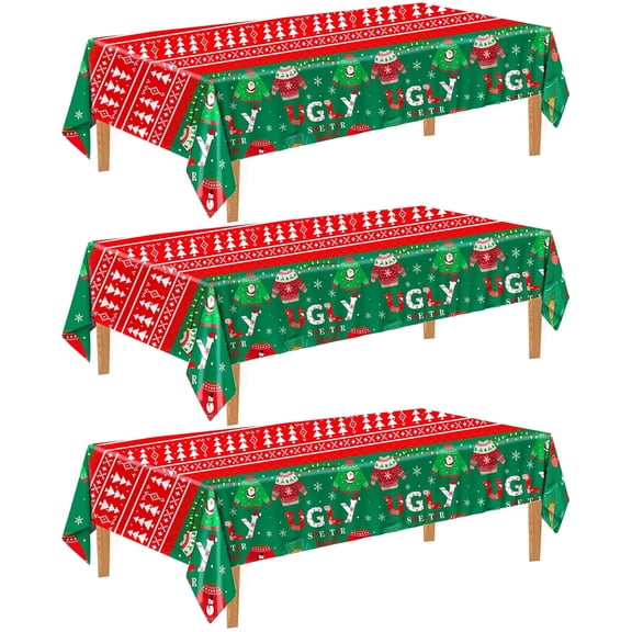 Wowhub Ugly Sweater Christmas Plastic Tablecloth, 54 x 108 Inch Christmas Tablecloth Disposable for Rectangle Tables，Green (Pack of 3)
