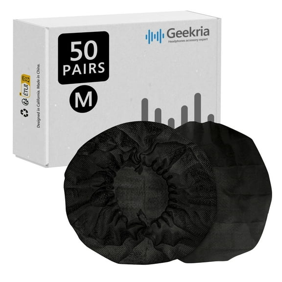 Geekria 50 Pairs Individually Wrapped Disposable Headphone Covers, Compatible with Over-Ear and MRI Headsets, Stretchable Sanitary Ear Pads, Hygienic Earcup Protectors (M, Black)