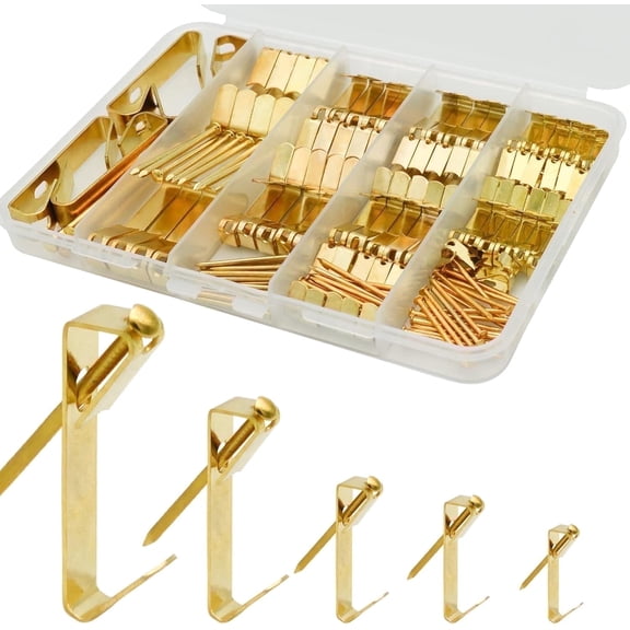 Giphtpoeet 136Pcs Picture Hanging Kit 5 Sizes Decorative Picture Hangers Gold Metal Hooks with Nails for Drywall & Wooden Wall